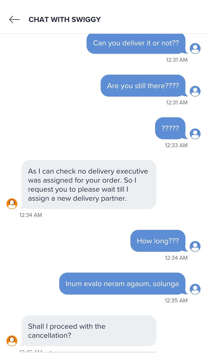 DheepakPR's tweet photo. @SwiggyCares Please read the chat properly, the moment I asked them in #tamil, your executive proposed to cancel the order, after 2hrs of waiting, I agreed to cancel it.!! Its is not about food delay, You have wasted the cooked food nd that upsets me! #foodwasted https://t.co/8J11f9EoK7