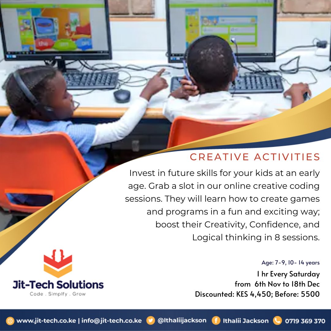 JitTech_learn's tweet photo. Reduced Charges for kids' coding lessons. Saturdays only. Sign up link: https://t.co/trbFS2kHWO
#CodeSimplifyGrow https://t.co/5FZ7YLHV1l