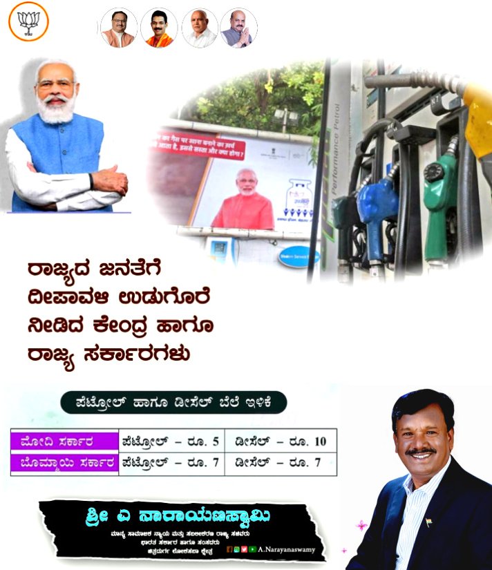 ANarayana_swamy's tweet photo. ಪೆಟ್ರೋಲ್ ಹಾಗೂ ಡೀಸೆಲ್ ಬೆಲೆ ಇಳಿಕೆ ಮಾಡಿ ರಾಜ್ಯದ ಜನತೆಗೆ ದೀಪಾವಳಿ ಉಡುಗೊರೆ ನೀಡಿದ ಕೇಂದ್ರ ಹಾಗೂ ರಾಜ್ಯ ಸರ್ಕಾರಗಳಿಗೆ ಧನ್ಯವಾದಗಳು.
Thanks to the Government of India and the Government of Karnataka for the #DeepavaliGift by reducing fuel prices.
@PMOIndia @CMofKarnataka @narendramodi @BSBommai https://t.co/vASX5OCD1z
