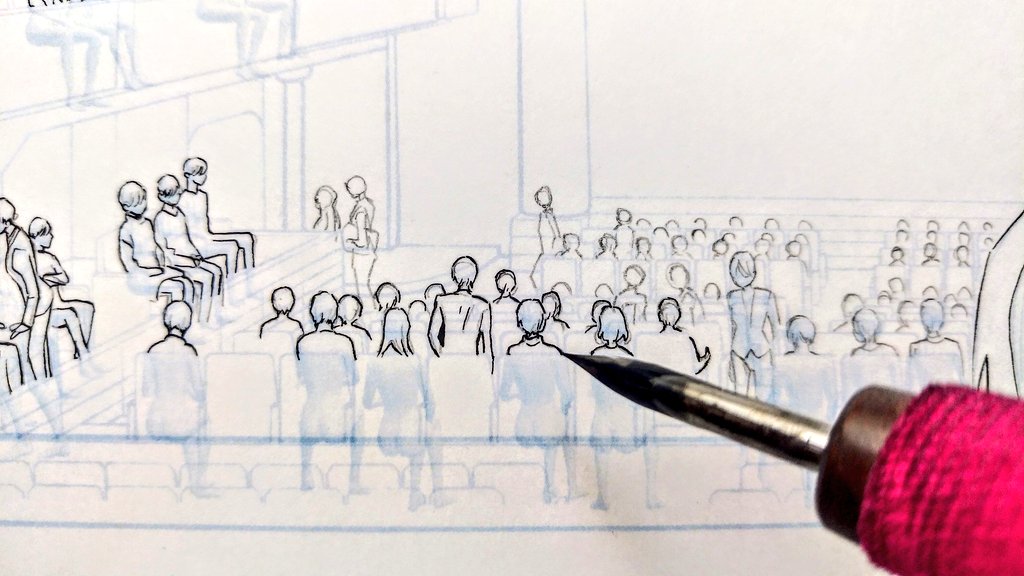 つい描いてしまうモブ。
こんだけ小さいとアナログ絵辛いけど細かく描き込めない方が逆に良かったりしますね。
人形を置くのはめちゃくちゃ便利だけど限界はありますね!