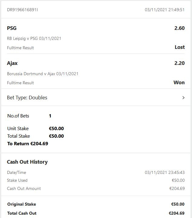 Bet2Bets's tweet photo. Bet2bets Football Betting Tips - 04/11/2021 2 Games 1 DOUBLES €50.00 Cashout €204.69 WIN https://t.co/VnUkv5PL0M   #football #sports #soccer #sport #betting #bettingtips #bettingonline #bets #bettingexpert #bet2bets #investmenttips https://t.co/MlUqMZmN08