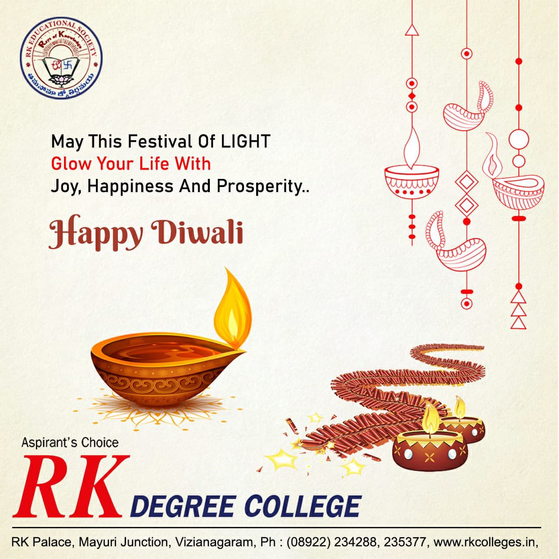 RKDegree's tweet photo. Happy Diwali to all Students, Staff, Parents &amp; Well Wishers, May this festival of light removes all obstacles in everyone’s life with fun filled joy, happiness, prosperity, peace &amp; wealth. https://t.co/TVipM0vXZM