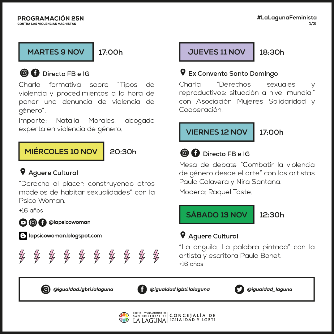 igualdad_laguna's tweet photo. 📣 #25N #LaLaguna llega con 3⃣ semanas de actividades cargadas de diálogo, arte, reflexión y debate.

⚡️Del 8 al 25 noviembre

➕Info y entradas👉 https://t.co/UIQ0IYI67n

*Todas las actividades son gratuitas previa retirada de entrada y cuentan con ILSE.👌

#LaLagunaFeminista https://t.co/tWgY8EBThT
