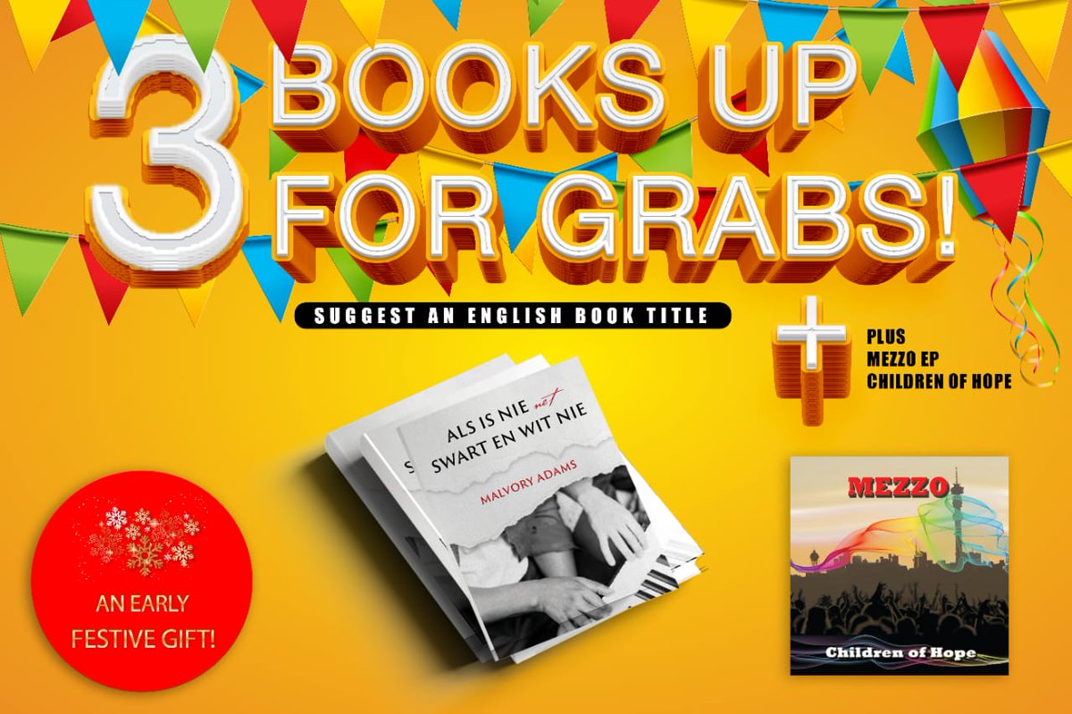 mezzobeats's tweet photo. WIN A BOOK AND A MUSIC CD! Suggest an English title for 'Als is nie net swart en wit nie' and stand a chance to win a book and MeZZo's EP, 'Children of Hope'.
2) The suggestions closest to our eventual title choice WIN the prizes.
3) Post your suggestions here, or inbox me. https://t.co/0Ifj7aPfYo
