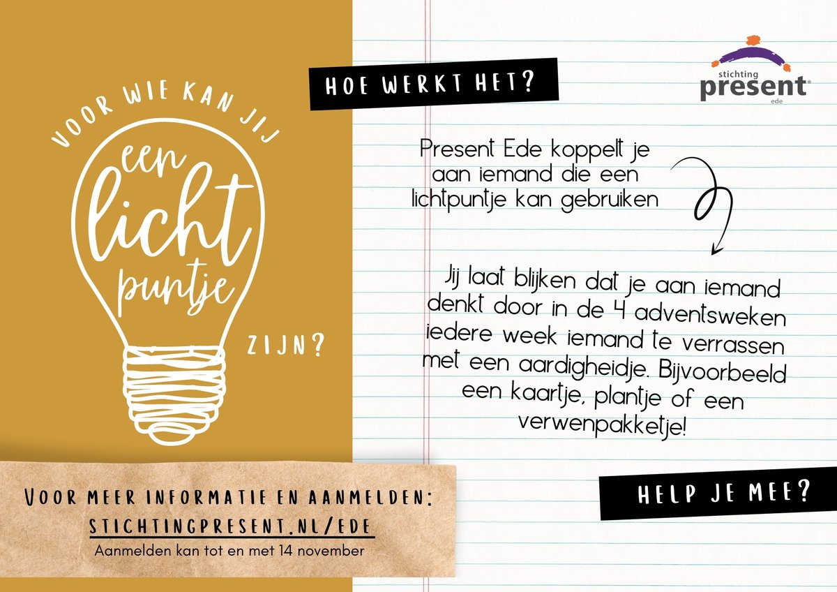StPresentEde's tweet photo. Hij komt er aan: De adventsactie. Meer info? Of nu al enthousiast om mee te doen? Check onze site: https://t.co/4EH5MEdIDm
#vrijwilligers #samentegeneenzaamheid #kleingebaar #coronaproof #present https://t.co/UzdYzuUE2C