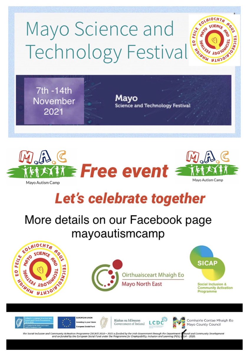 mayoautismcamp's tweet photo. We are delighted to team up with @MayoNorthEast and @MayoScienceFest to offer this free event to our families.. Check out our Facebook page for more details @MayoDotIE @thecontel @WesternPeople @mayonews @MayoLibrary @BallinaCleanUp @BallyhaunisTown @CabotsWest #mayoautismcamp https://t.co/IXzowkT2YZ