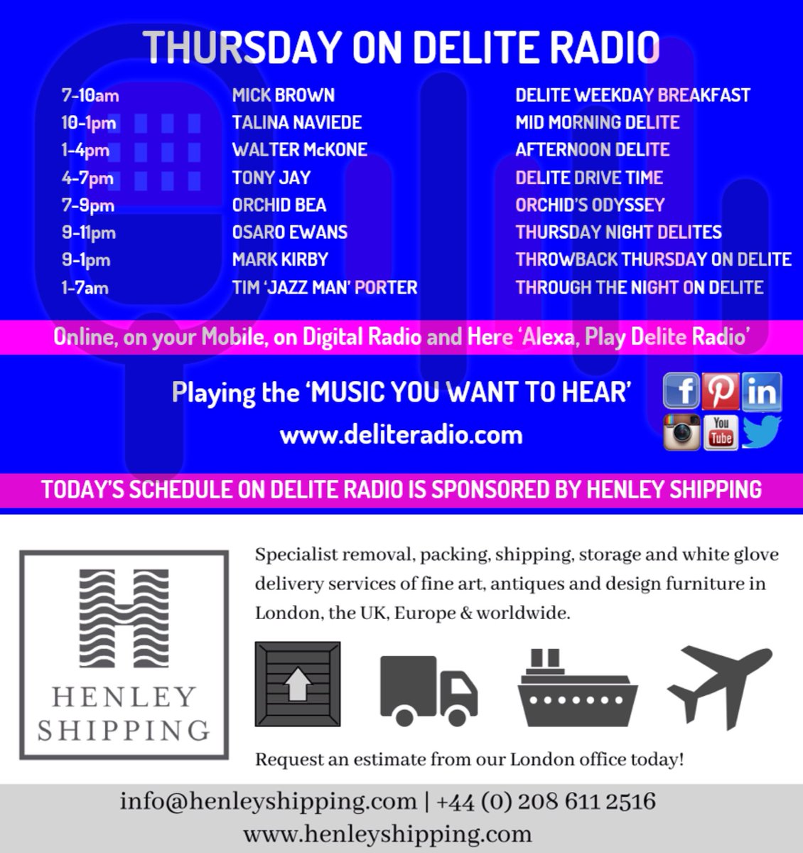Delite Radio - Music You Want To Hear (@deliteradio) on Twitter photo Check out the <a href="/DeliteRadio/">Delite Radio - Music You Want To Hear</a> #schedule for Today.
Playing the #music you want to hear on #DAB+, #alexa, #tunein and all other internet platforms worldwide.
Click to #listenlive deliteradio.com
#broadcastinglive #streaming #dab+ #musicyouwanttohear #liveradio #nowplaying Check out the <a href="/DeliteRadio/">Delite Radio - Music You Want To Hear</a> #schedule for Today.
Playing the #music you want to hear on #DAB+, #alexa, #tunein and all other internet platforms worldwide.
Click to #listenlive deliteradio.com
#broadcastinglive #streaming #dab+ #musicyouwanttohear #liveradio #nowplaying