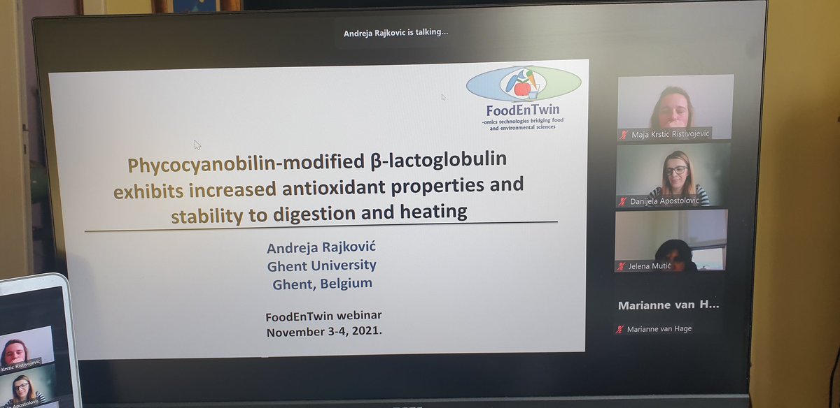TCVelickovic's tweet photo. Day 2 of the @FoodEnTwin webinar, @rajkovic_a presenting @HemijskiFak_UB and UGhent join research on modufied beta-lactoglobulin. #Foodentwin https://t.co/g6FdYI4DzN