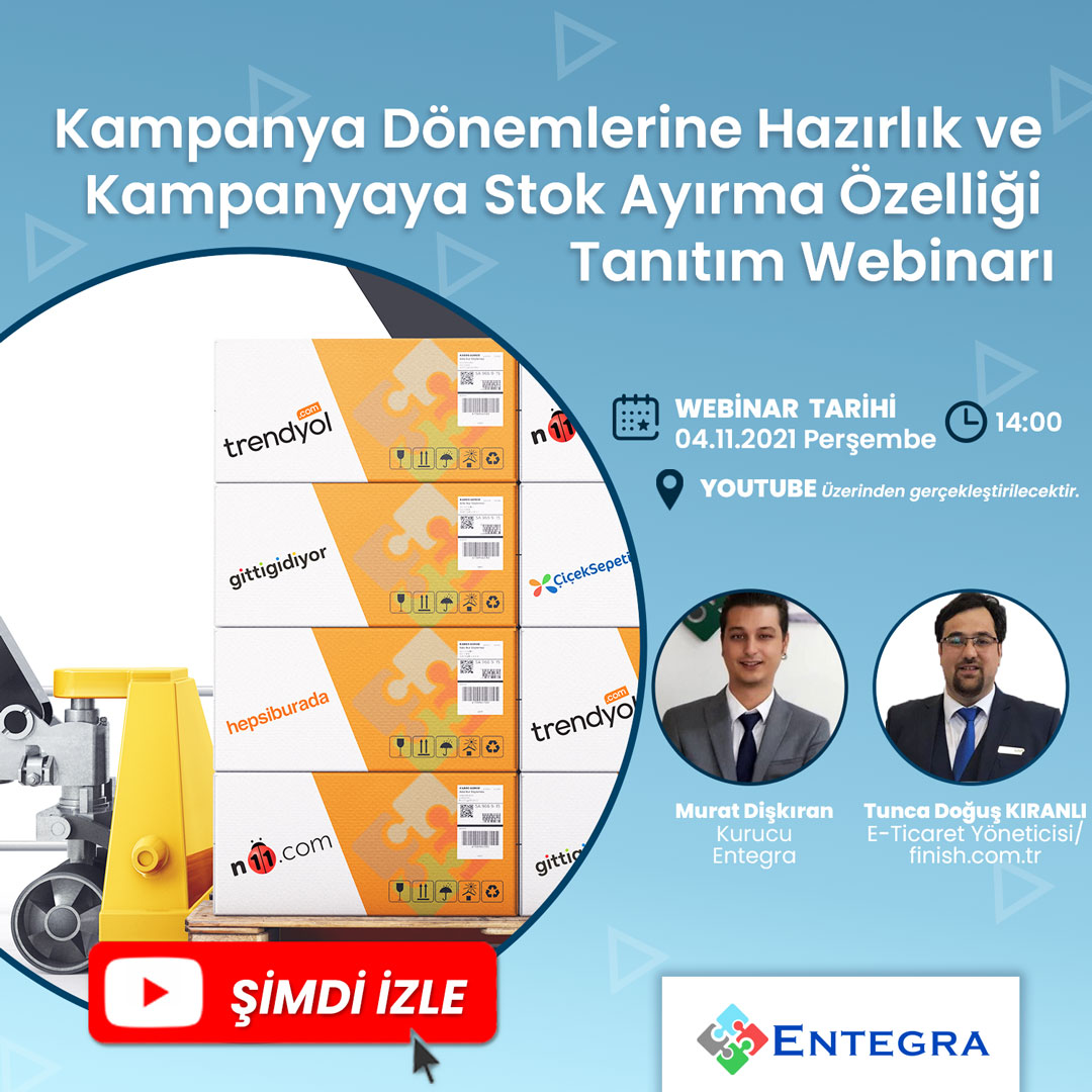 Birazdan yayındayız!

İzlemek için >> bit.ly/3BKndfp

Yaklaşan kampanya dönemini maximum verimlilikle geçirmek ve yeni stok ayırma özelliği hakkında detaylı bilgi almak için webinarımıza ücretsiz katılım sağlayabilirsiniz.

#entegra #webinar #eticaret #ecommerce