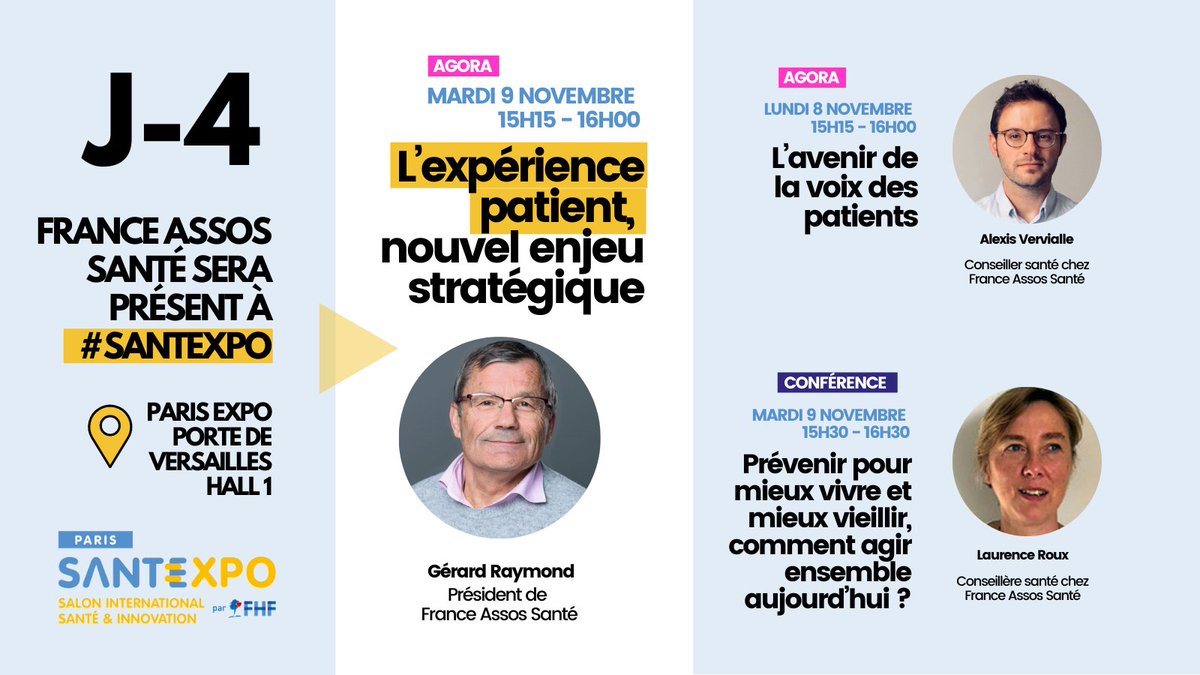 [#SANTEXPO] France Assos Santé sera présent à <a href="/parisSANTEXPO/">SantExpo</a> pour représenter les patients !
👉Quel avenir pour la #DémocratieSanté ?
👉Comment améliorer l'#experiencepatient ?
👉#Prévenir pour mieux vieillir : comment agir ensemble ?
📆 RDV les 8 et 9 nov santexpo.com/programme/prog…