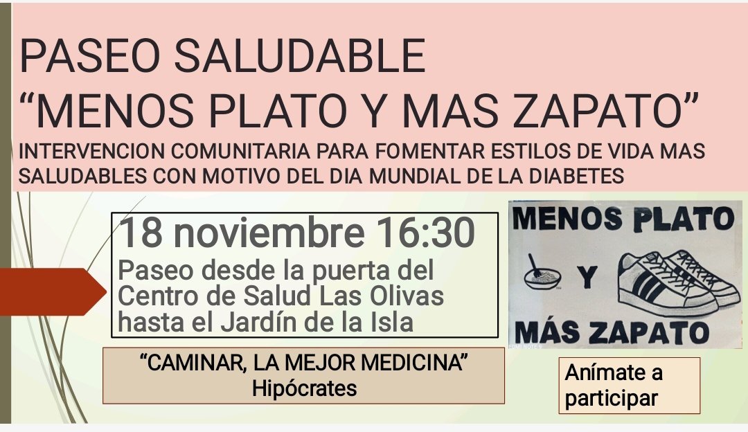 luzdibarrios's tweet photo. "MENOS PLATO Y MAS ZAPATO" Animaos a participar TODOS!
18 de noviembre 16:30
#cslasolivas #Aranjuez
#paseosaludable #beneficiosdelejerciciofisico
#bienestaremocional
#diamundialdeladiabetes
#EFyC #participacioncomunitaria
@semap_
@faecap
@AranjuezDe
@SERAranjuez @Aranjuez_Hoy https://t.co/pq3NKyUupq