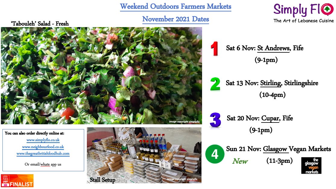 Simplyflogebara's tweet photo. Hello, our #farmersmarket Nov dates. First time at #GlasgowVeganMarkets at #DrygateBrewingCompany -Sun 21 Nov. Our first #farmersmarket venture into #Glasgow👍👍🙏🙏

#lebanesefood #neighbourfood #fife #standrews #cupar #stirling #auchterarder #bridgeofallan #dunblane #vegetarian https://t.co/84b3qPsFPl
