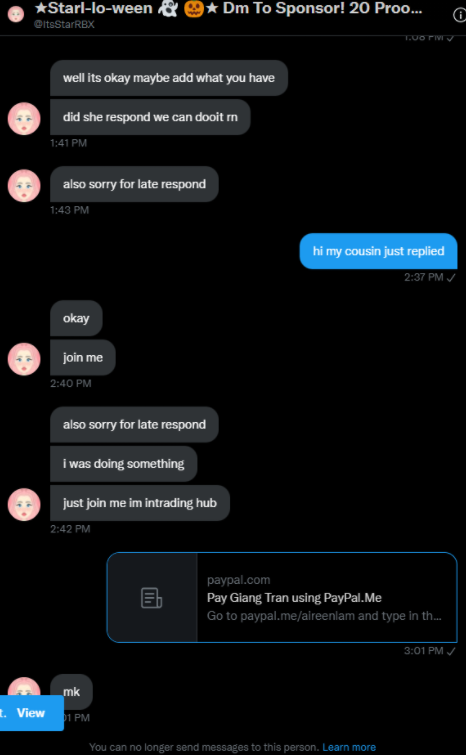 meeyaa__'s tweet photo. @spicy_lexii @Imgaylo20111266 same, this girl scammed my val21 halo lol
i felt bad that i had no proofs at all and i kept her waiting for a bit long bc i didn't have paypal and had to borrow my cousin's account so i went first and lost my halo^^ she deactivated right after. please be careful https://t.co/dbGXpBL4gf