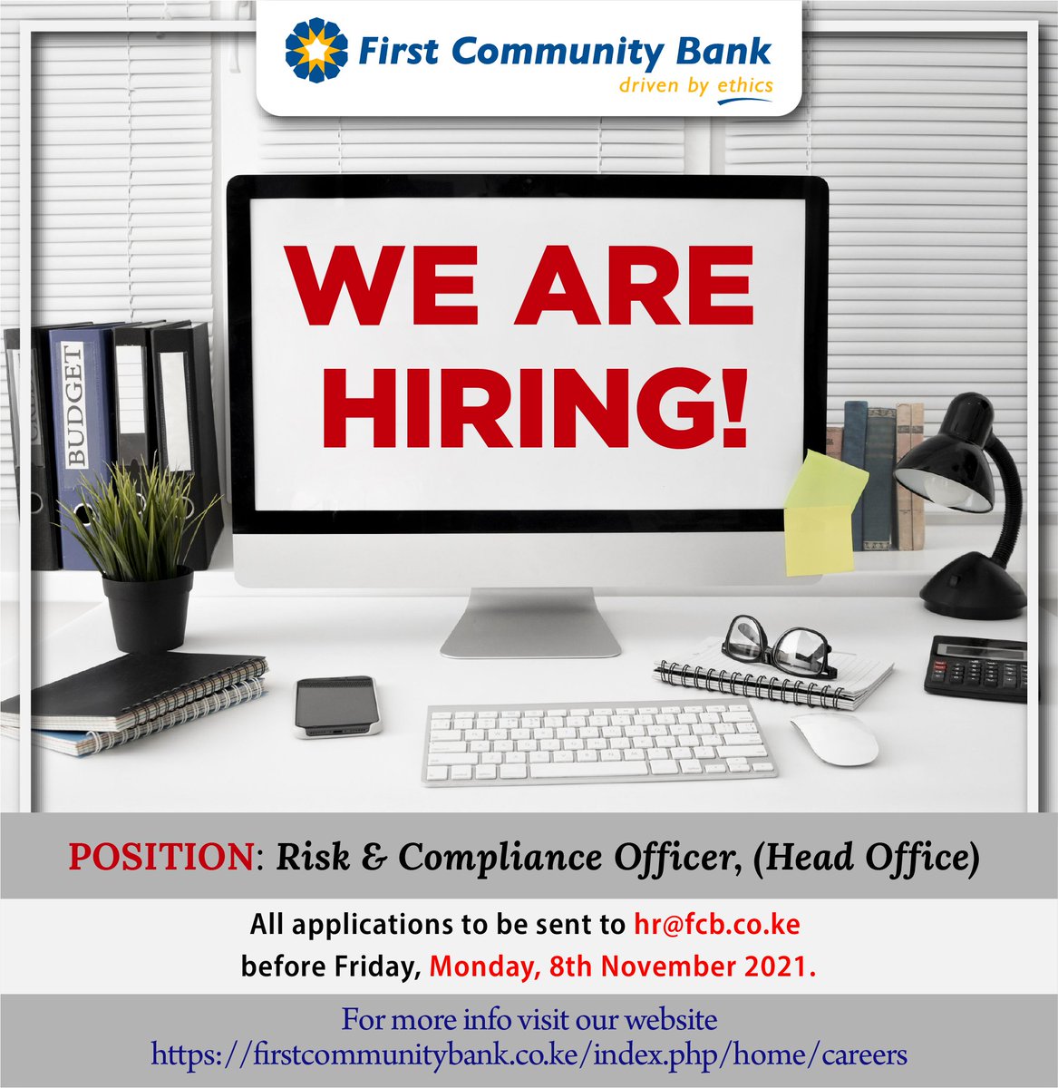 Are you ready for the next step in your career? we have an opportunity for you. FCB is looking to hire a Risk and Compliance Officer. For more details on how to apply click on the link below
firstcommunitybank.co.ke/index.php/home…   #IkoKaziKE #ethicsdriven