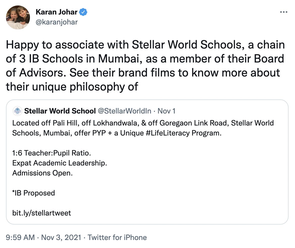 stellarwschool's tweet photo. @karanjohar Thanks for the shoutout @karanjohar

We will leave no stone unturned to ensure you’ll be as proud of Stellar World School's work in the areas of arts, music, &amp; dramatics, as we're honoured to have you on our Board of Advisors.

https://t.co/kvDHYuGkDw https://t.co/qqCmaaK98X