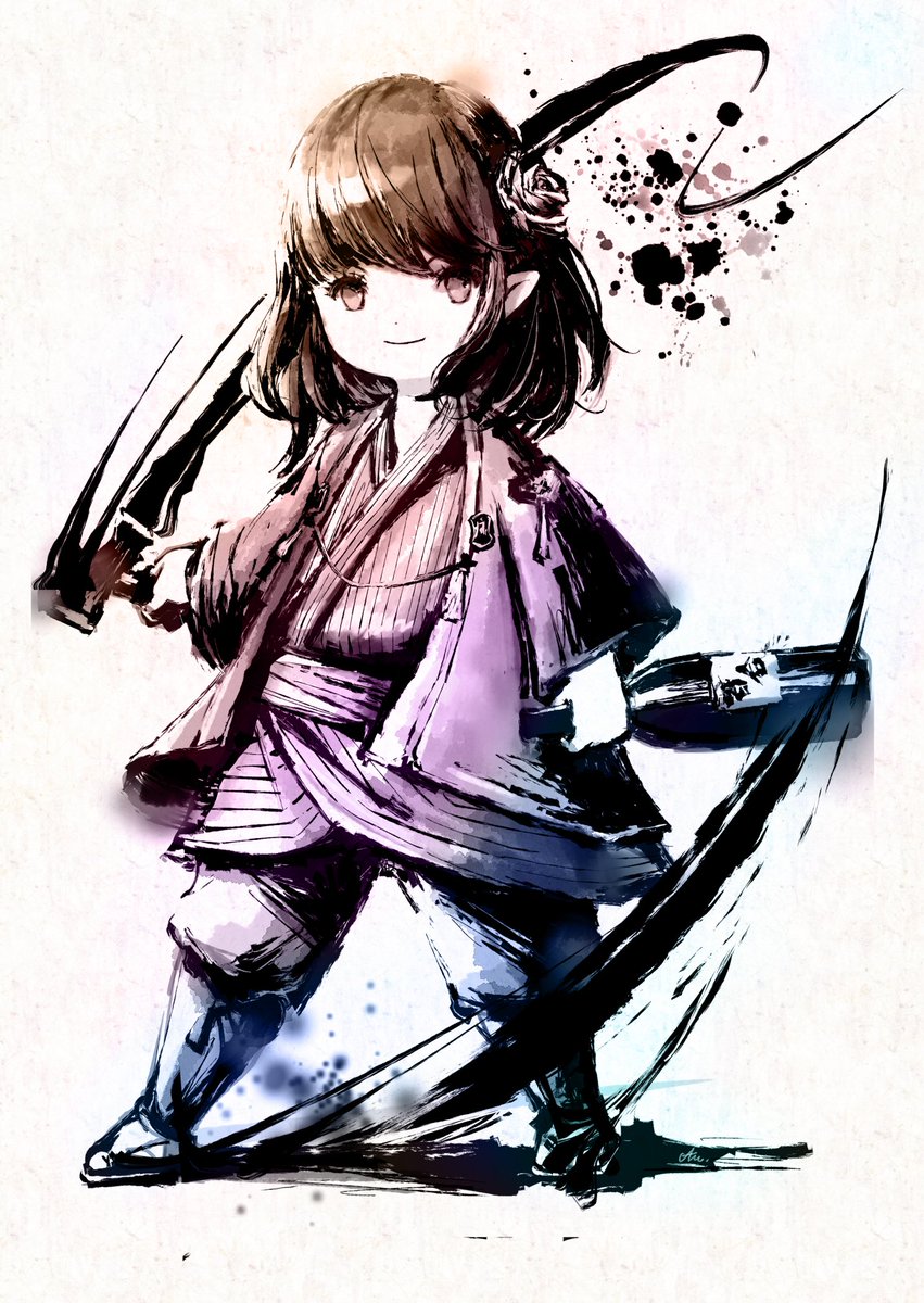 solo brown hair smile pointy ears japanese clothes 1other weapon  illustration images