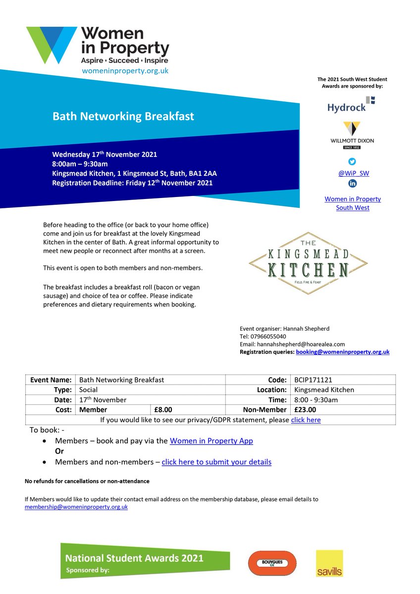 WiP_SW's tweet photo. Come join us for a networking breakfast on the 17th of November at the Kingsmead Kitchen in Bath! This will be 8 - 9:30am so swing by on the way to your office or home office! Sign up here or on our App: https://t.co/Tdw5RXx3Mu