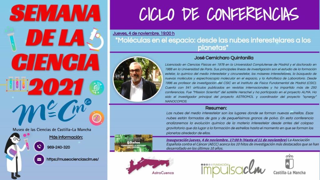 astrocuenca's tweet photo. Tercera jornada del XI Ciclo de Conferencias "La Diversidad de la Astronomía".

Hoy es el turno del astrofísico José Cernicharo. Será a las 19:00h en el MCCM y nos hablará de moléculas en el espacio.

También en streaming. Más info: https://t.co/YQKIvNkorj https://t.co/Hf5o09i4q0