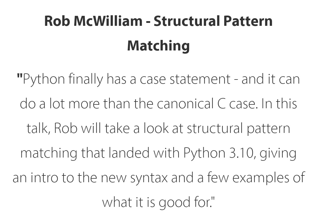 pythonaberdeen's tweet image. Our meetup next Wednesday. A talk on the new Structural Pattern Matching introdued in #Python 3.10 and some group coding challenges.
There is a physical meetup option if you are in #Aberdeen
#Python310 #booknow #learnpython
ti.to/code-the-city/…