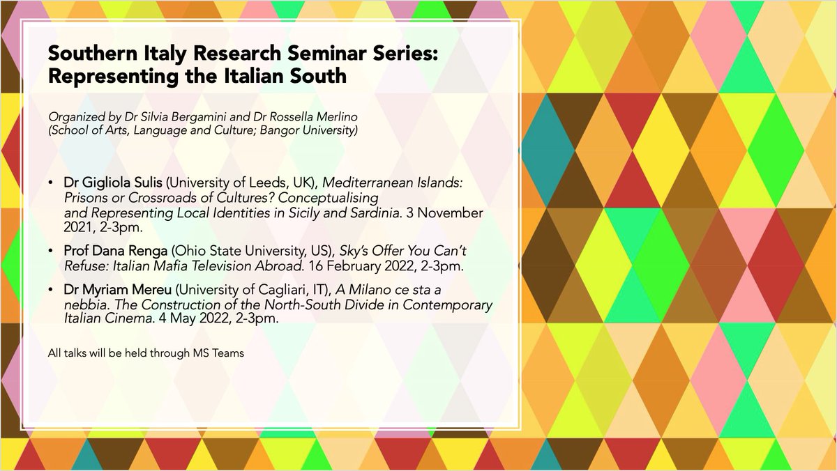 BangorModLangs's tweet photo. Yesterday we held the inaugural seminar of our Southern Italy Research Seminar Series, delivered by Dr Gigliola Sulis: 'Mediterranean Islands: Prisons or Crossroads of Culture?'

See full programme below for a year's worth of talks by renowned scholars in the field ⤵️ https://t.co/RAnX0hnIoL