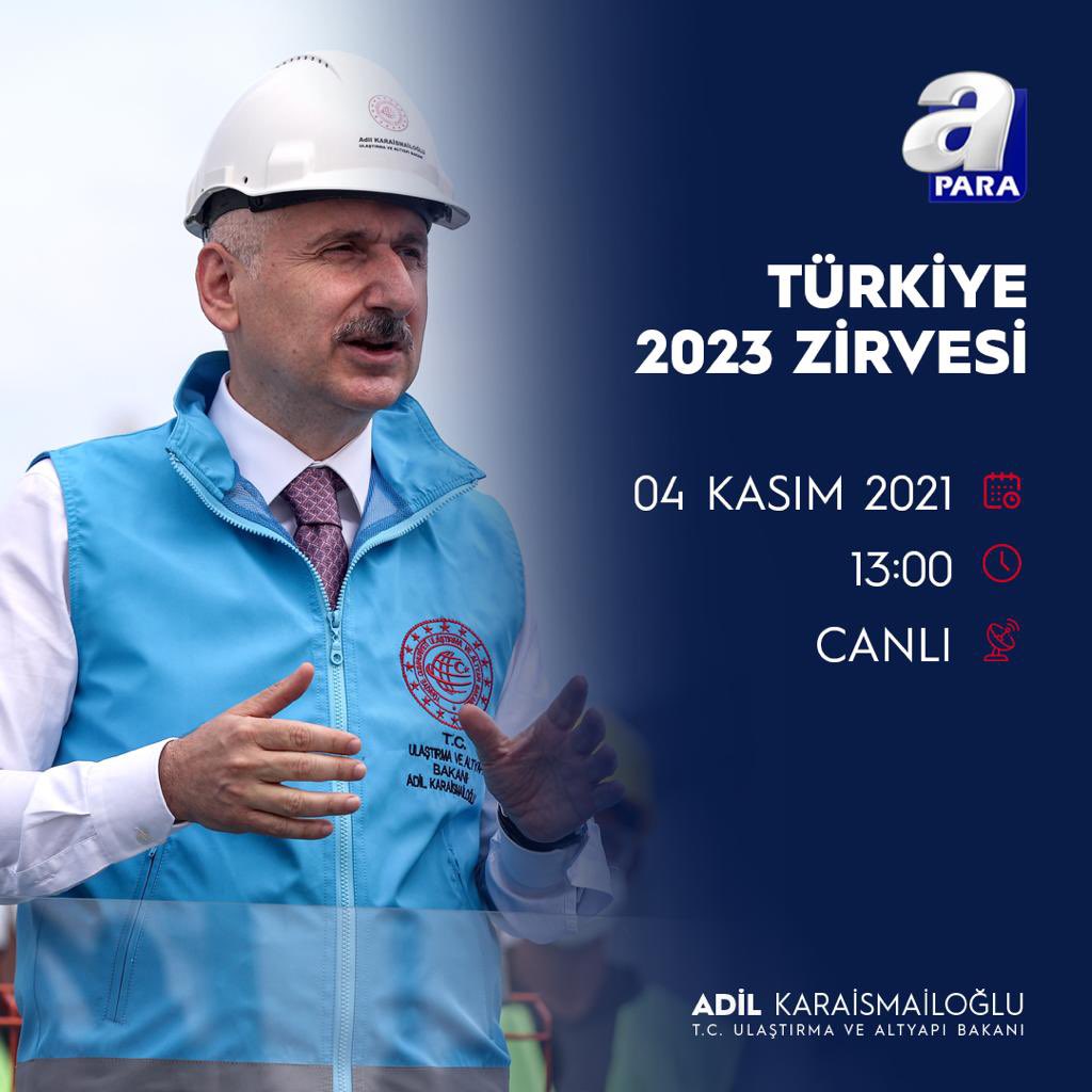 Bugün Türkiye 2023 Zirvesi'ne katılarak, 'Geleceğin Teknolojileri ve Altyapı Yatırımları Paneli' açılışında, ülkemizin teknoloji ve altyapı hedeflerini anlatacağız. 🗓️ 4 Kasım 2021 🕐 13.00 📍Turkuvaz Medya Merkezi