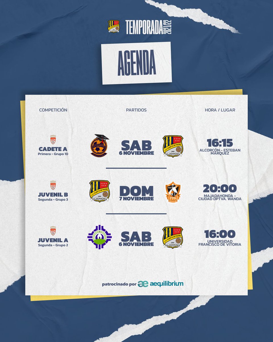 🗓 AGENDA | Ya tenemos los horarios de este fin de semana.
¡VAMOS PUERTA! 💛💙
#CDPuertaDeMadrid #VamosPuerta #FutbolMadrid #FutbolBase #Majadahonda