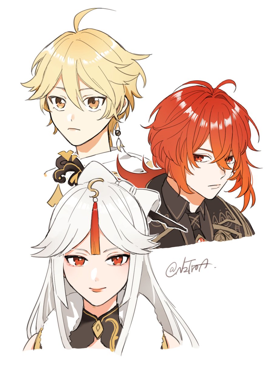 aether (genshin impact) ,diluc (genshin impact) ,ningguang (genshin impact) 1girl blonde hair multiple boys 2boys red hair long hair red eyes  illustration images