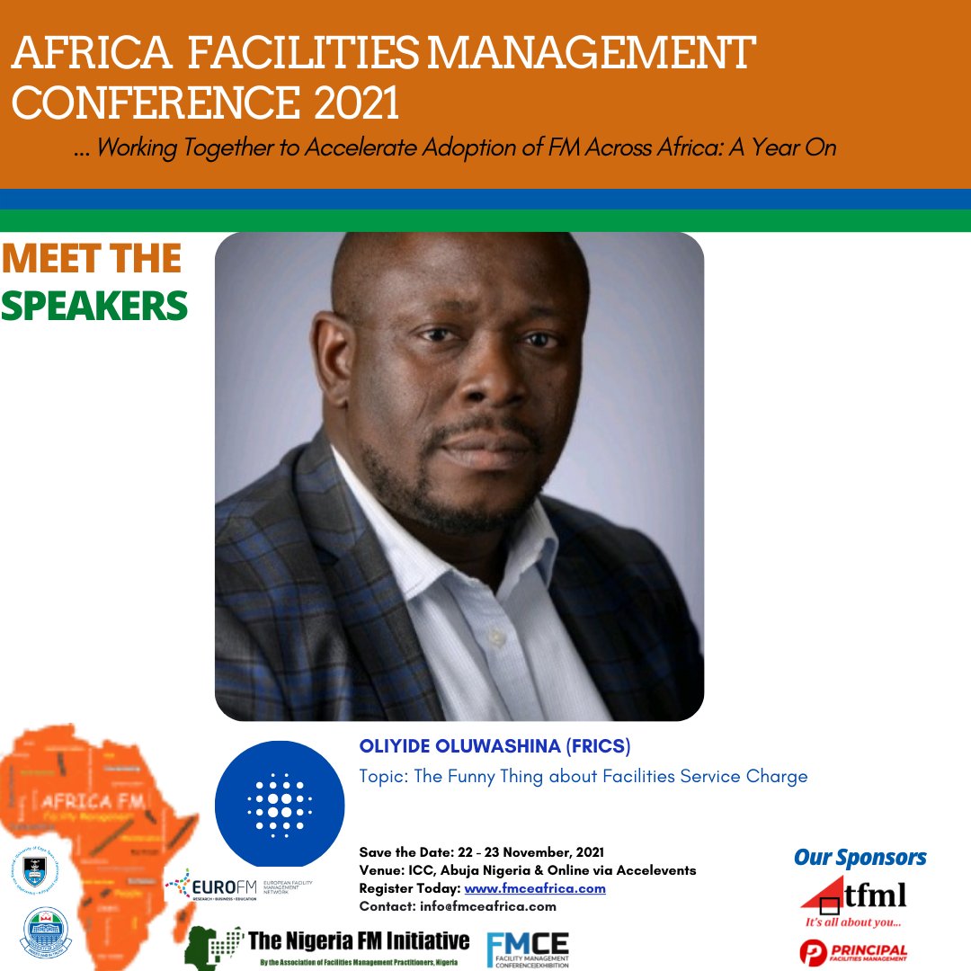 Oliyide Oluwashina (FRICS) will be speaking about Facilities Service Charge and what he considers funny in Facilities Service Charge Administration. To register, click 
zcu.io/3QOD
 
#fmceafrica #AFMC21 #AfricaFMConference21
#AFM #AFMPN