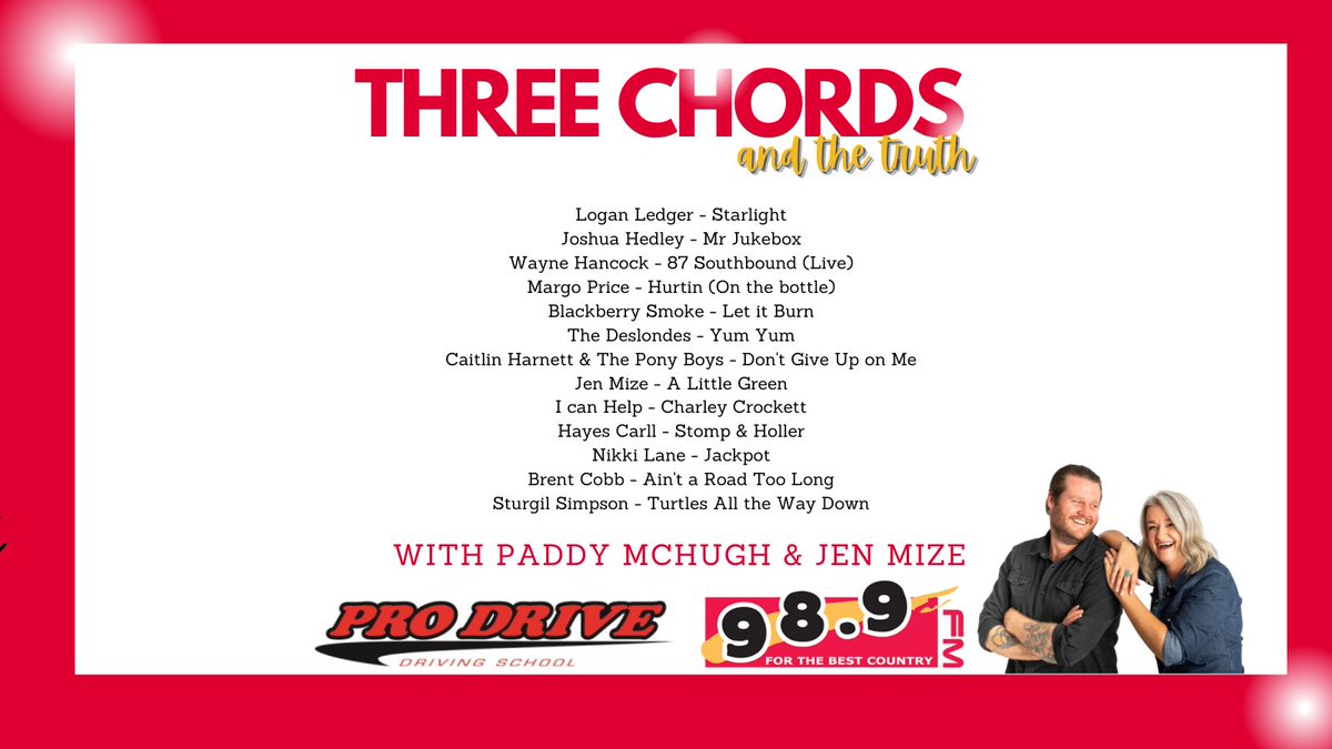 tripleamurri's tweet photo. Here is your official playlist from tonight's episode of Three Chords and the Truth!

📻🎤🎵📻🎤🎵

Proudly sponsored by Pro Drive Driving School
#murricountry #jenmize #paddymchugh https://t.co/ibgmal6DVD