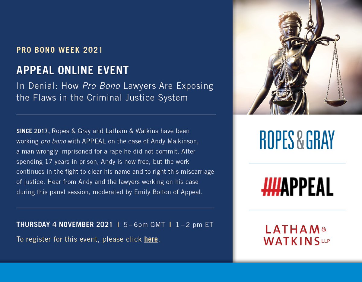 Only a few hours to go until our #ProBonoWeek event featuring our wrongfully convicted client #AndyMalkinson and his pro bono legal team <a href="/RopesGray/">Ropes & Gray</a> <a href="/lathamwatkins/">Latham & Watkins LLP</a> <a href="/MaxJLHardy/">Max Hardy</a> 

TONIGHT at 5pm. 
SIGN UP 👉 bit.ly/APPEAL_event