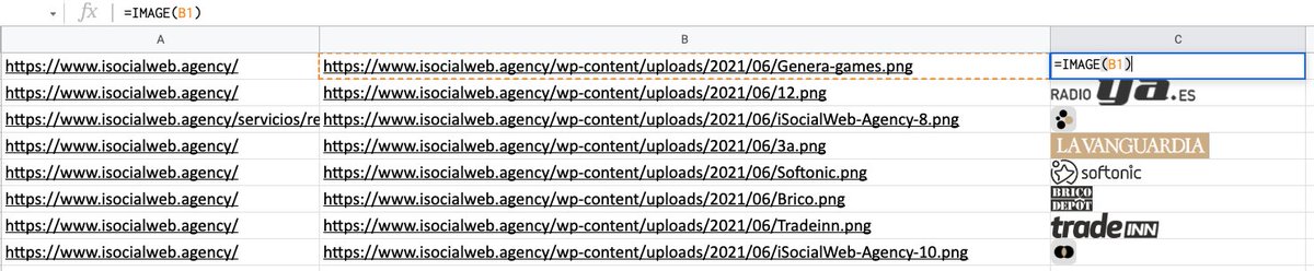 isocialwebseo's tweet photo. 🤟 Truco para hacer en bulk los ALTs vacíos de tus imágenes y pasarlo para corregir, en 3 sencillos pasos:

1. Screaming Frog > Exportación en Bloque > Imágenes > ... sin texto ALT

2. Lleva los datos a un G.Sheet

3. En la 3 columna pon: "=IMAGE(B1)" BX por cada fila
👇👇 https://t.co/UIMY7ODaiI