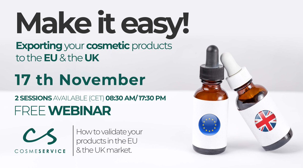✅ NEW FREE WEBINAR

➡️ Cosmeservice can do it for you, make sure your products meet the EU &amp; the UK Regulation, check it out easily with us on our FREE WEBINAR!

2 Sessions Available:

08:30 CET
lnkd.in/dTXp2i85

17:30 CET
lnkd.in/d4_2hCDM

#cosmetics