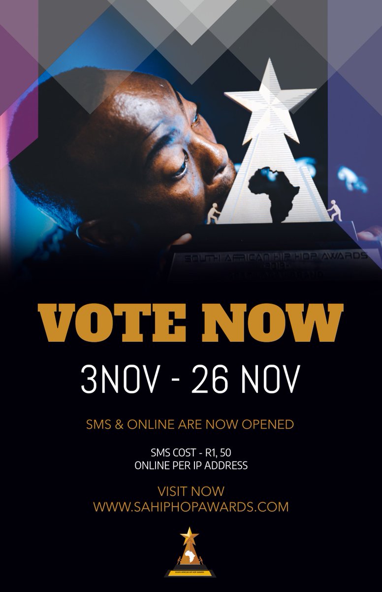 SA_HipHopAwards's tweet photo. SMS &amp; ONLINE Votes are opened:

BEST MALE, 
BEST FEMALE , 
BEST REMIX, 
BEST VIDEO, 
BEST RADIO SHOW,  
BEST COLLABO, 
ARTIST OF THE DECADE, 
BEST INTERNATIONAL ACT, 
SONG OF THE YEAR,

#SAHHA2021 #10YearsOfSAHHA 

https://t.co/nLkjGyQozY https://t.co/XLTMN8U0qN