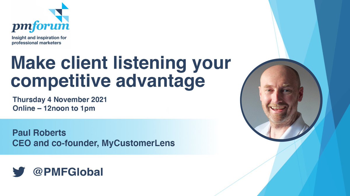 Pjdroberts's tweet photo. Looking forward to todayโs @PMFGlobal webinar on how to make client listening your competitive advantage. #clientlistening #feedbackintelligence #marketing https://t.co/iN1IvLZ4Ne