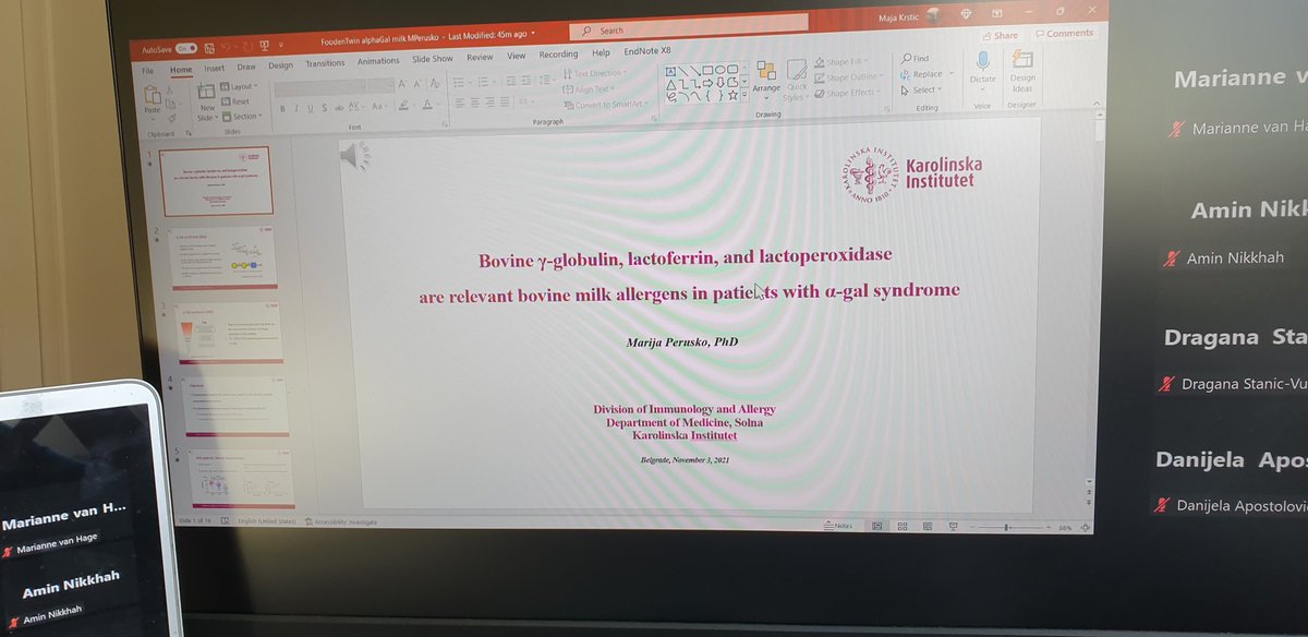 FoodEnTwin's tweet photo. Marija Perusko giving a talk on bovine milk allergens in patients with alfa=Gal syndrom @FoodEnTwin webinar. Joint work of @HemijskiFak_UB and Karolinska Institutet. #milkallergy https://t.co/bJAlFMUqPL