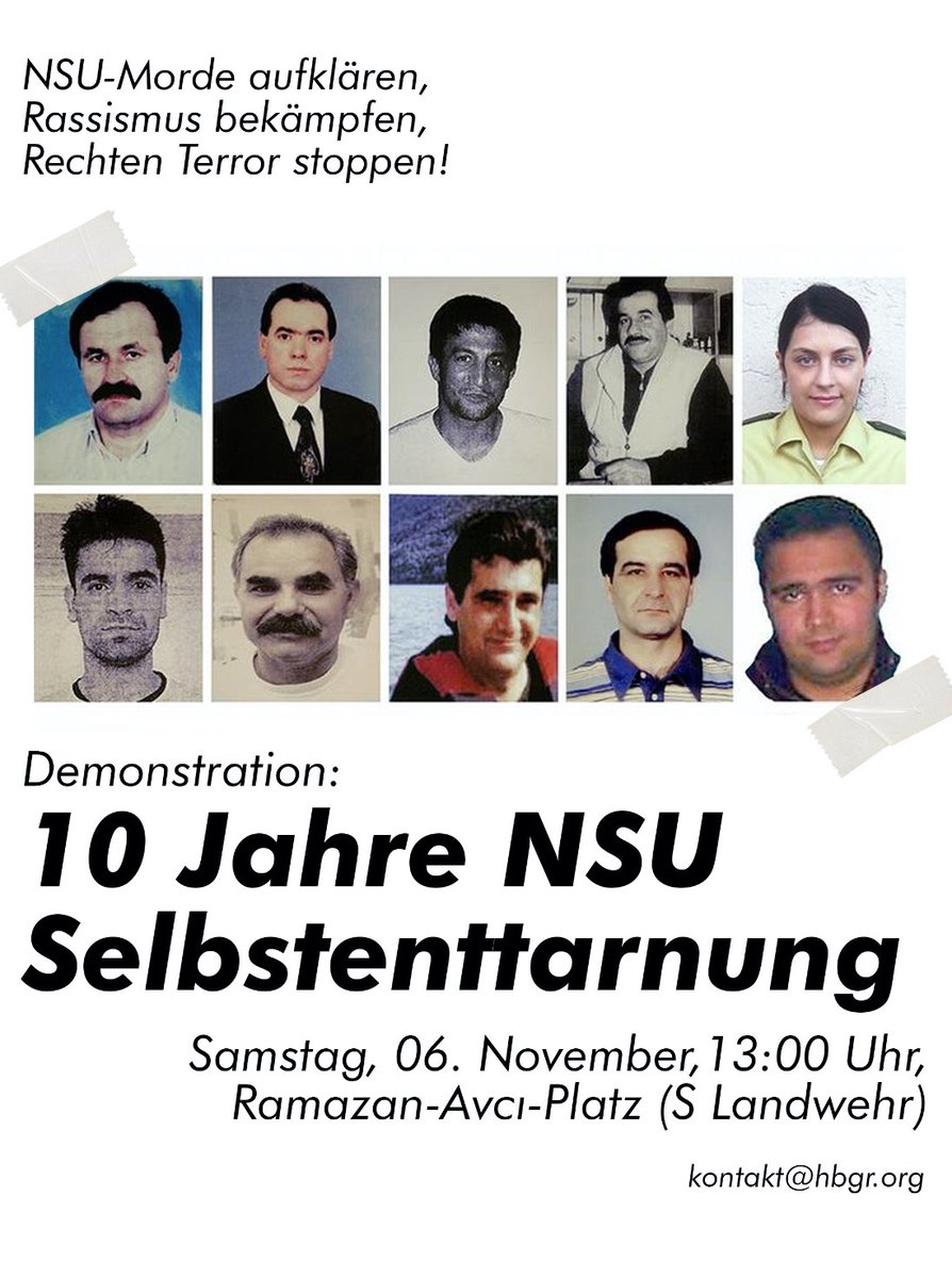 Am Samstag alle auf die Straße:
👉zum Gedenken an die Opfer des #NSU 
👉für lückenlose Aufklärung
👉für einen Untersuchungsausschuss in #Hamburg 
👉für die Auflösung des Inlandsgeheimdienstes
6.11. - 13 Uhr - Ramazan-Avcı-Platz
#VSabschaffen #10JahreDanach