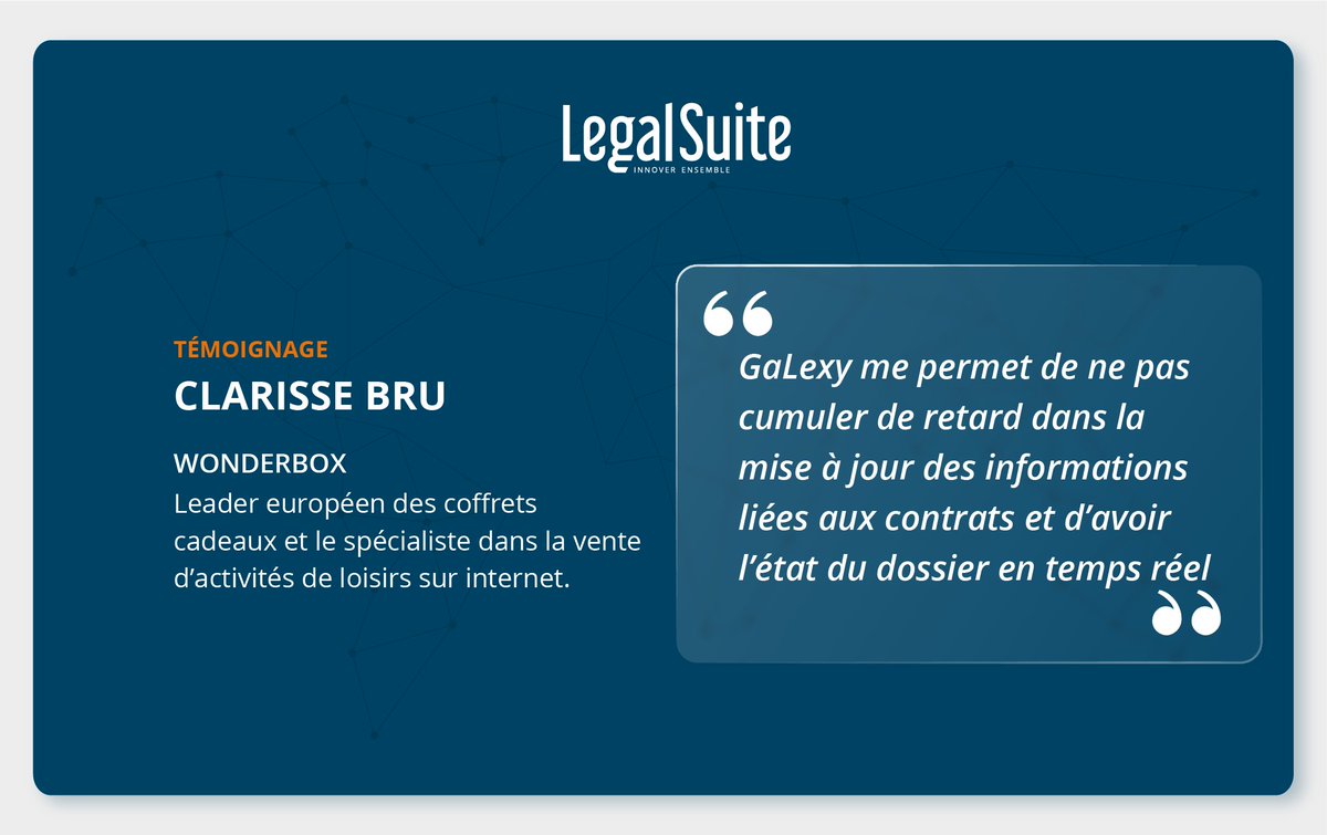 #Témoignage
La satisfaction client est au🧡 de nos priorités. Nous avons interrogé Clarisse BRU-GRIMM, juriste en droit des affaires chez Wonderbox
"#GaLexy me permet de ne pas cumuler de retard dans la mise à jour des informations liées aux contrats"
bit.ly/3bHLesV