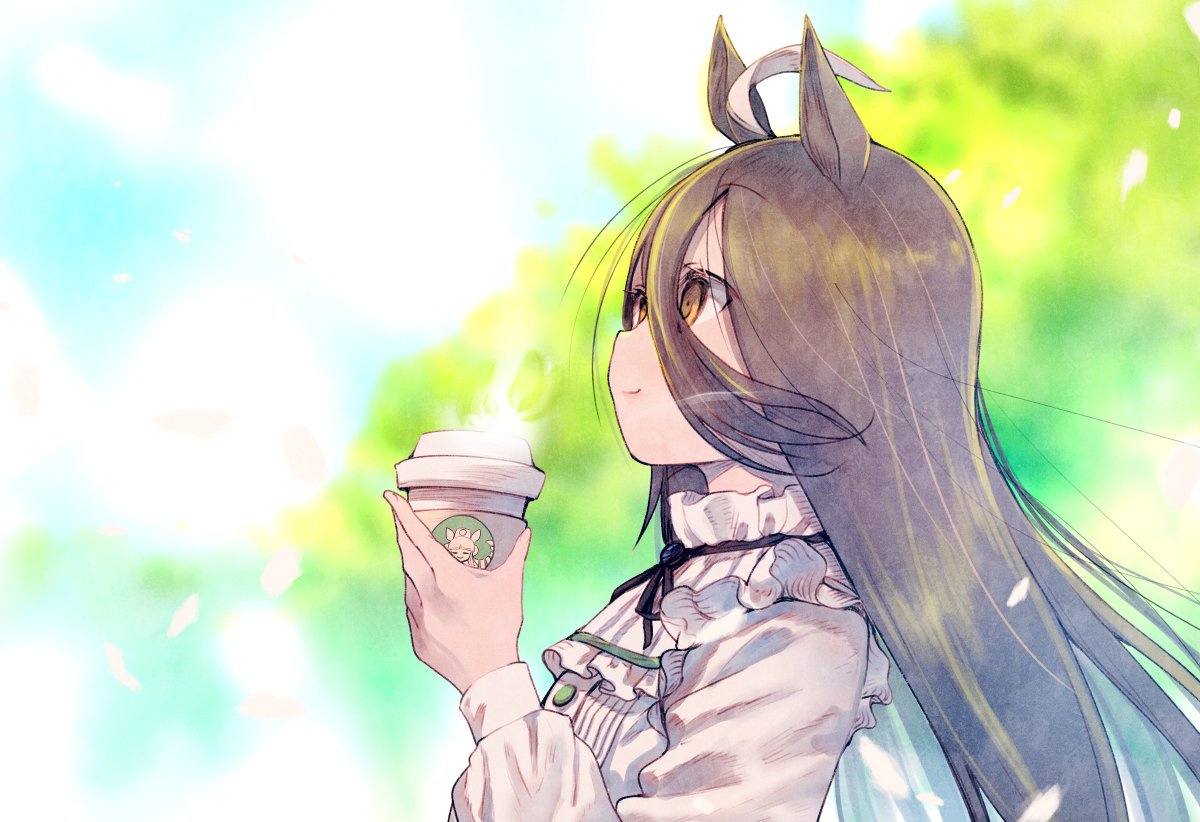 manhattan cafe (umamusume) 1girl cup animal ears solo long hair horse ears holding cup  illustration images