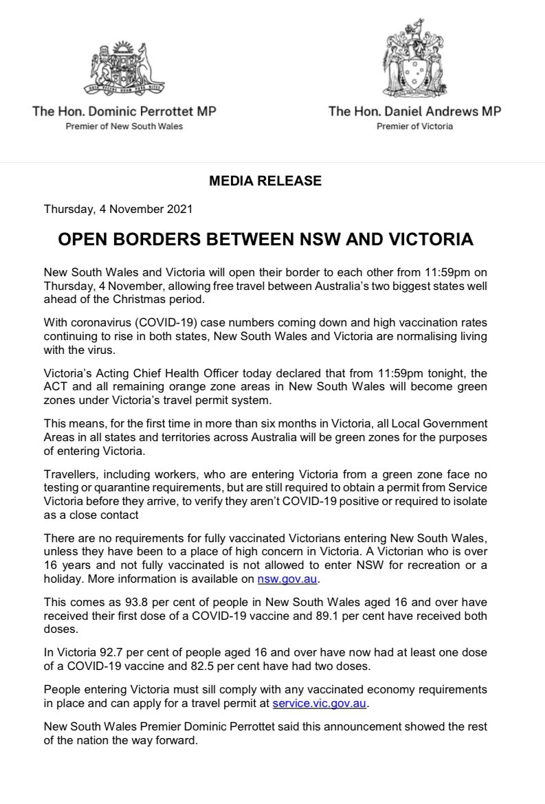 Dom_Perrottet's tweet image. BREAKING: the NSW-Vic border opens tonight at 11:59, allowing free travel between Australia’s two biggest states well ahead of the Christmas period. #Reunited