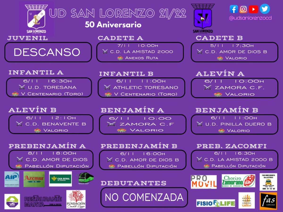udsanlorenzocd's tweet photo. PARTIDOS #UDSL FIN DE SEMANA
#50AniversarioUDSL
#TodoAlMorado
#FamiliaMorada
⚽️⚽️⚽️💜💜💜 https://t.co/NcQO6NMyH8