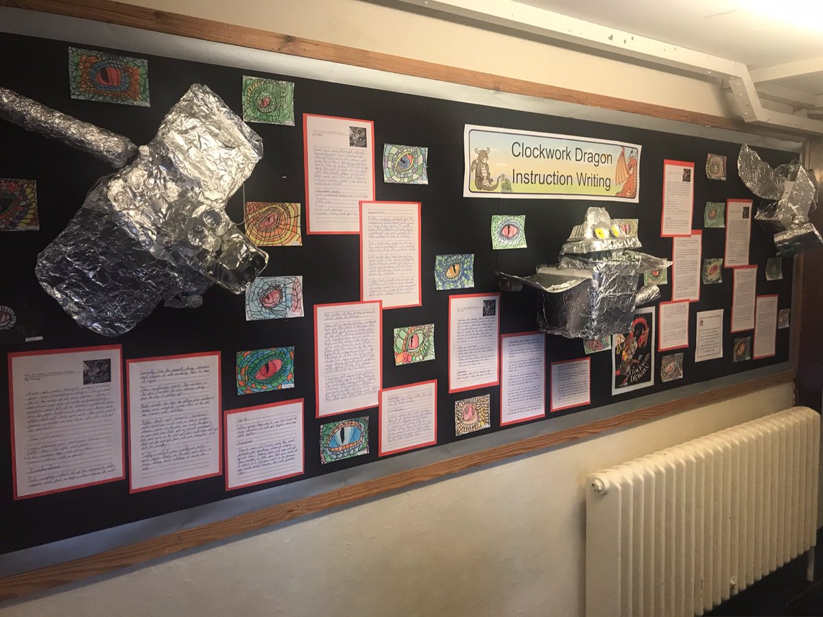 scottdx's tweet photo. @woodfieldplym has started the year with some fantastic examples of writing. This is our Year 4 display after the children created their own instructional writing based upon The Clockwork Dragon @JonathanEmmett #writing #kidslit https://t.co/7bymYhBGYi