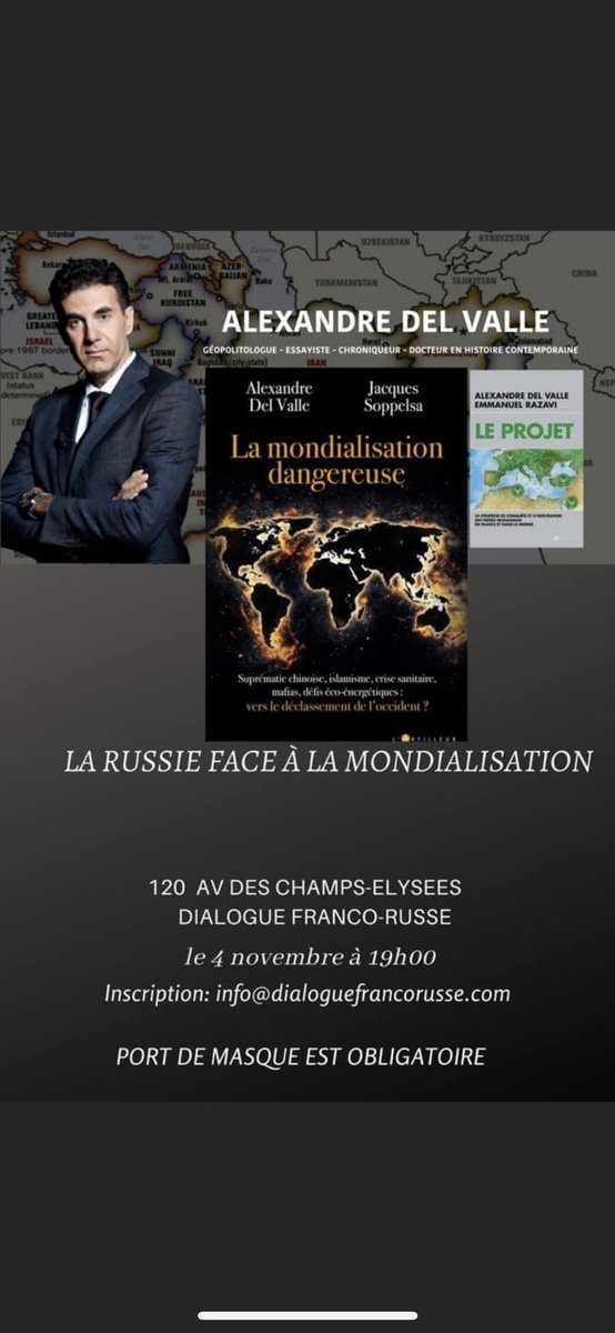 EdArtilleur's tweet photo. 🔵 rendez-vous au @dfr_paris ce soir à 19h00 pour une conférence autour du nouveau livre de Alexandre del Valle « La Mondialisation Dangereuse » co-écrit avec J. #Soppelsa. Sujet : « La Russie 🇷🇺 face à la mondialisation. »
➡️ Infos info@dialoguefrancorusse.com @alexdelvalle3 https://t.co/dPJoLD4hET