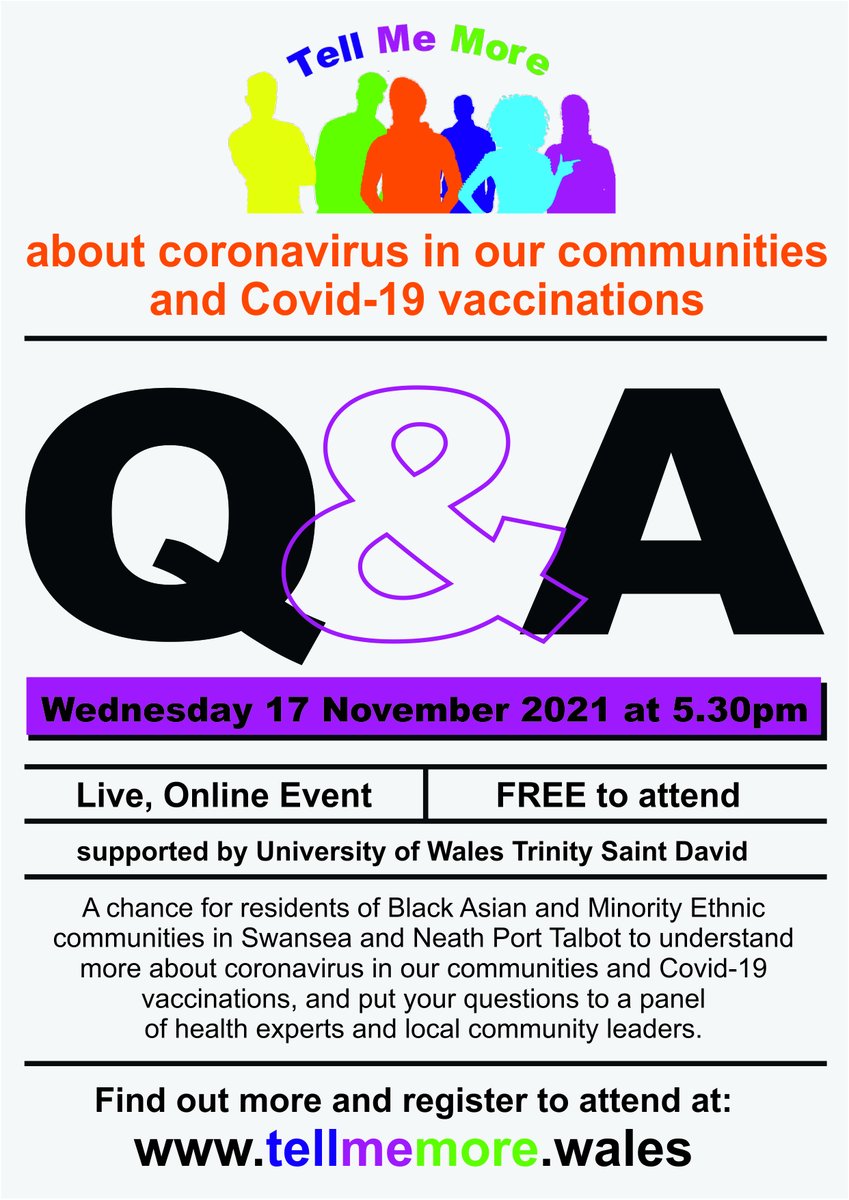 📢 Join the Tell Me More event on Wednesday 17th November 2021 at 5.30pm. 

An opportunity to put your questions to a panel of health experts and local community leaders. Admission FREE. #TellMeMore

More information and register ➡️ tellmemore.wales