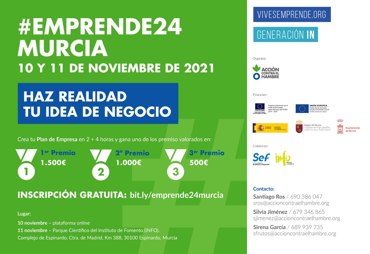 📣 Si estás en desempleo y quieres hacer realidad tu idea de negocio, #Emprende24 es para ti 🙋🙋‍♂️‍

📝 Inscripción hasta el 9 de noviembre: bit.ly/emprende24murc…

📌 Evento final: 11 de noviembre en el Parque Científico de Murcia.
 
📲  Para + info, 📞: 679346865
