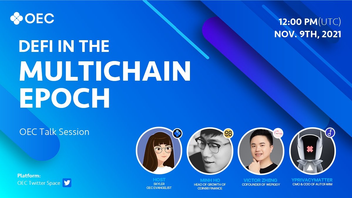 We’ll be discussing #DeFi with best minds from:

1. Leading yield aggregator <a href="/autofarmnetwork/">autofarm.network</a>, 
2. Top lending market protocol <a href="/wepiggydotcom/">WePiggy</a>, 
3. One of the largest wallet <a href="/coin98_wallet/">Coin98 Super Wallet</a>. 

Join us on Nov. 9th at 12:00PM (UTC) on #OEC Twitter Spaces
x.com/i/spaces/1LyxB…