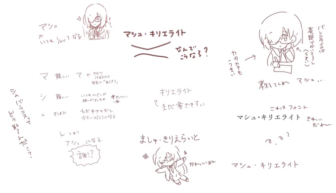 好きすぎるとわけわからんところまでこだわり出るけど、字が下手すぎてマシュの名前が書けねえ!ってマシュって書く練習してたときの画像出てきて笑っちゃった 