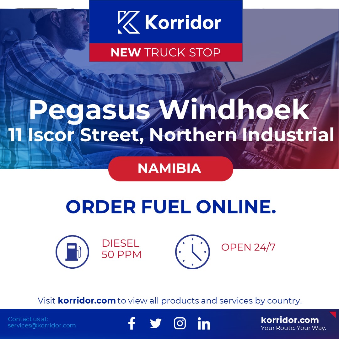 Order Fuel online with Korridor at Pegasus Windhoek, 11 Iscor street, Northern Industrial, Namibia.
#Technology #Logistics #Transport #Transportation #Freight #FleetManagement