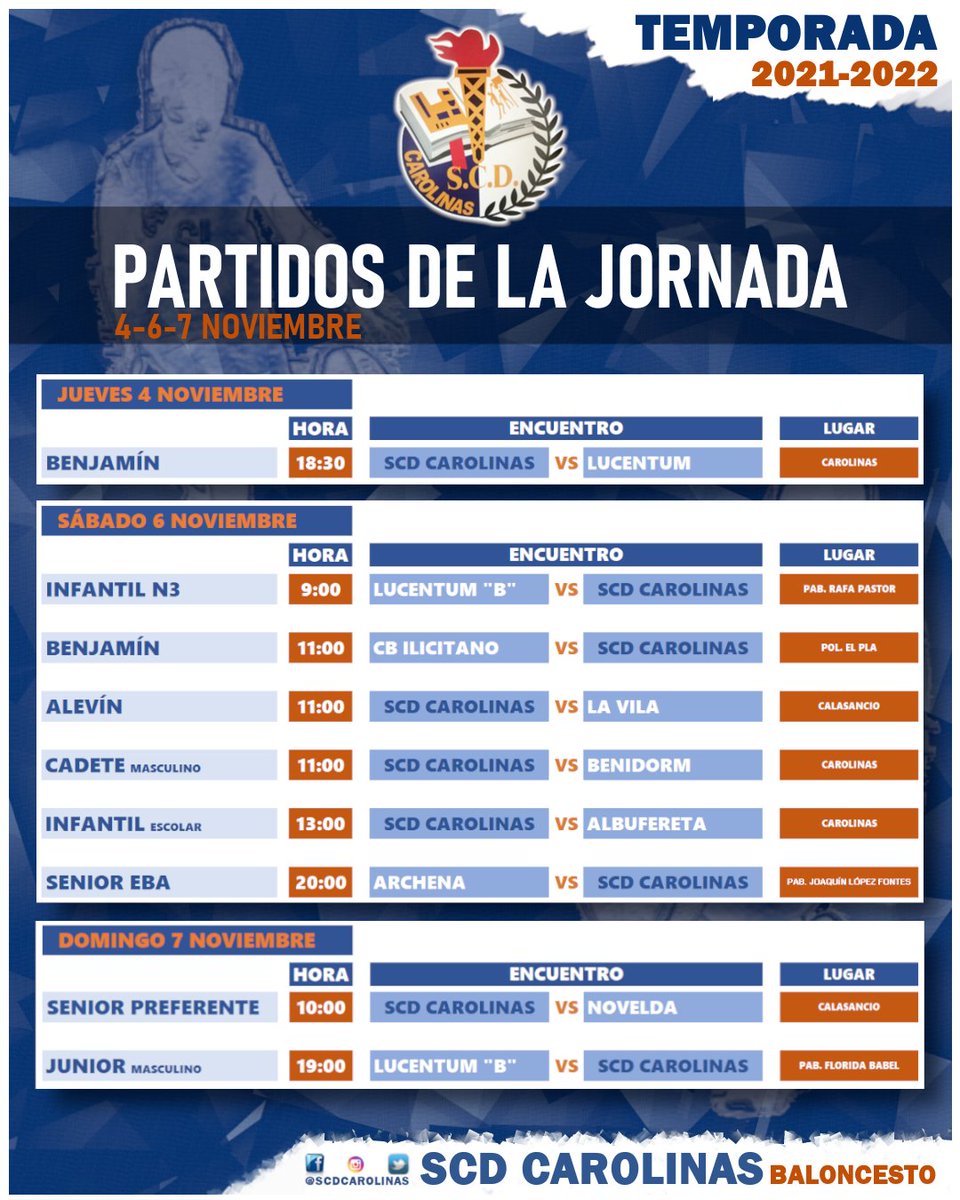 scdcarolinas's tweet photo. 🟦PARTIDOS DE LA JORNADA
📆[4-6-7 noviembre]
Fin de semana cargadito de basket!
#vamoscarolinas #Alicante #Baloncesto #Basketball #Deportes @fbcv_es https://t.co/mnucP6sS5y