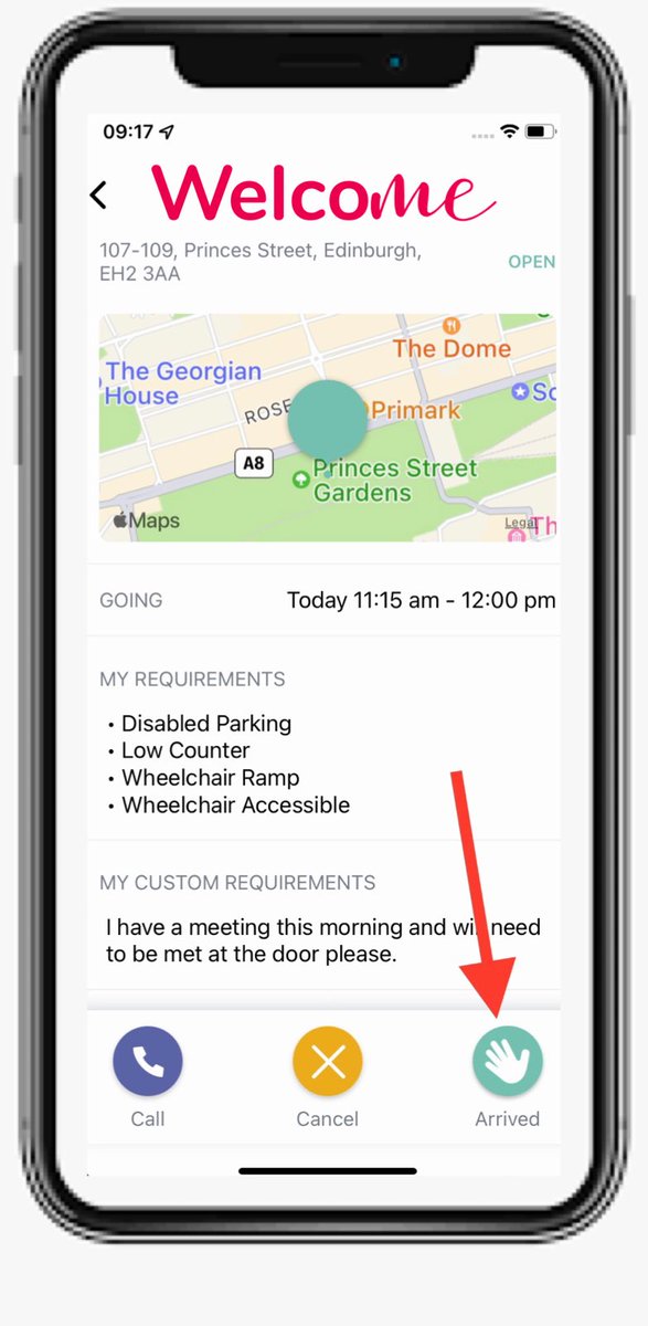 WelcoMe_CS's tweet photo. This is the “manual arrival” button in the https://t.co/Nh0FXTAHSZ app. With it Karine Elharrar could have let #COP26 staff know she had arrived, where she was AND raised awareness of her physical and social access needs. Isn’t it about time #Tech4Good supported #Access4All? https://t.co/b27icU33yW