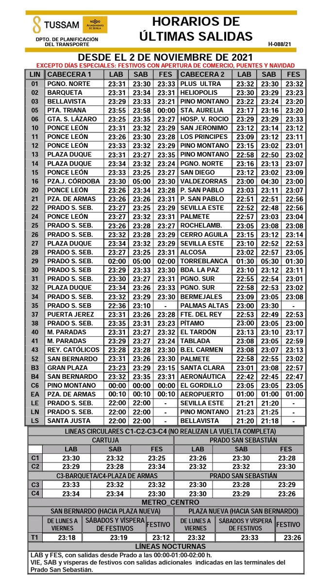 leotebeos's tweet photo. Horarios de últimas salidas desde el 2 de noviembre de 2021.

#Tussam #Sevillasemueve #MuevetePorSevilla #Dejatellevar #cosasquedecir https://t.co/MvHyRgb6F4